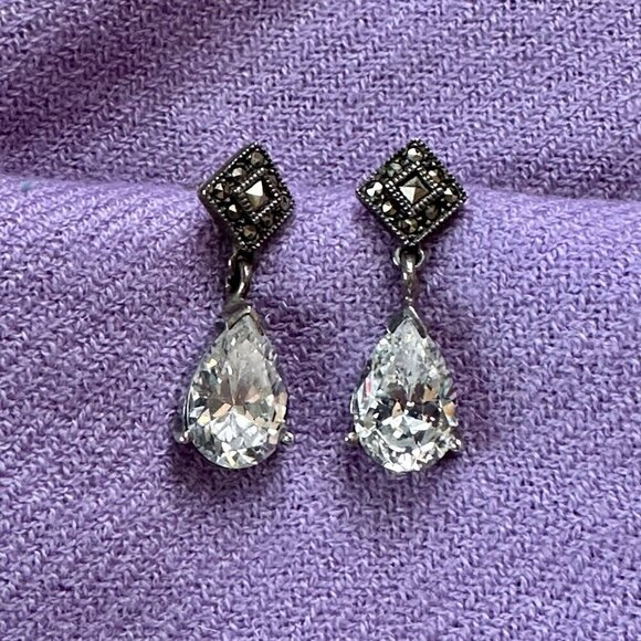Marcasite & Cubic Zirconia Sterling Silver Earrings - Picture 3 of 3